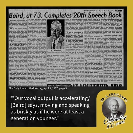 A newpaper cliping on a black background with white text on the bottom quarter of the image reading "Los Angeles Times Syndicate columnist and Iowa alum Nick Thimmesch (BA journalism '50) lauded "first-rate professor" Dr. Baird's teaching and style of debate at Iowa."